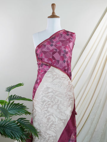 Katan This Semi Silk saree in soft cream blends delicate embroidery with digital print for a graceful finish. With no zari, its beauty lies in subtle textures and intricate detailing. Woven in Varanasi, it offers comfort with a refined aesthetic. A perfect pick for understated elegance. #SemiSilk #CreamElegance #EmbroideryDetails #VaranasiWeaves #ManoranjithamSarees Semi Tussar - Semi Silk Saree | Digital Print - Manoranjitham Weaves - Handloom Store