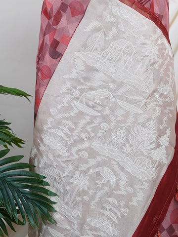 Katan This Semi Silk saree in soft cream blends delicate embroidery with digital print for a graceful finish. With no zari, its beauty lies in subtle textures and intricate detailing. Woven in Varanasi, it offers comfort with a refined aesthetic. A perfect pick for understated elegance. #SemiSilk #CreamElegance #EmbroideryDetails #VaranasiWeaves #ManoranjithamSarees Semi Tussar - Semi Silk Saree | Digital Print - Manoranjitham Weaves - Handloom Store