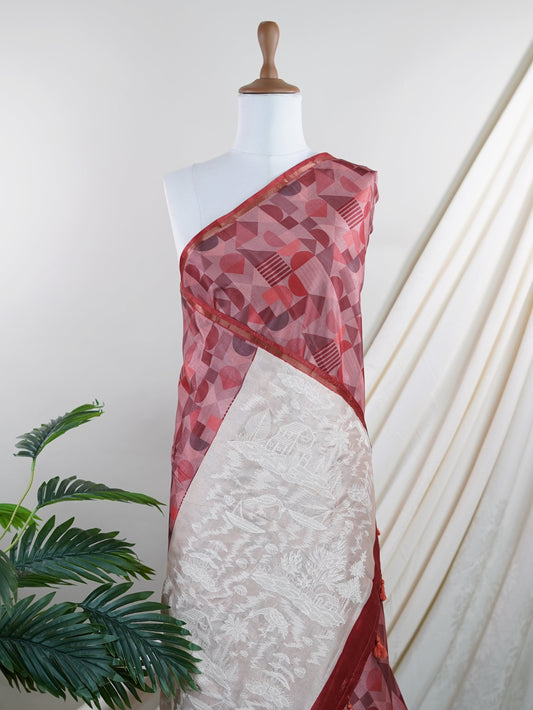 Katan Cream Semi Silk - Manoranjitham Weaves - Handloom Store