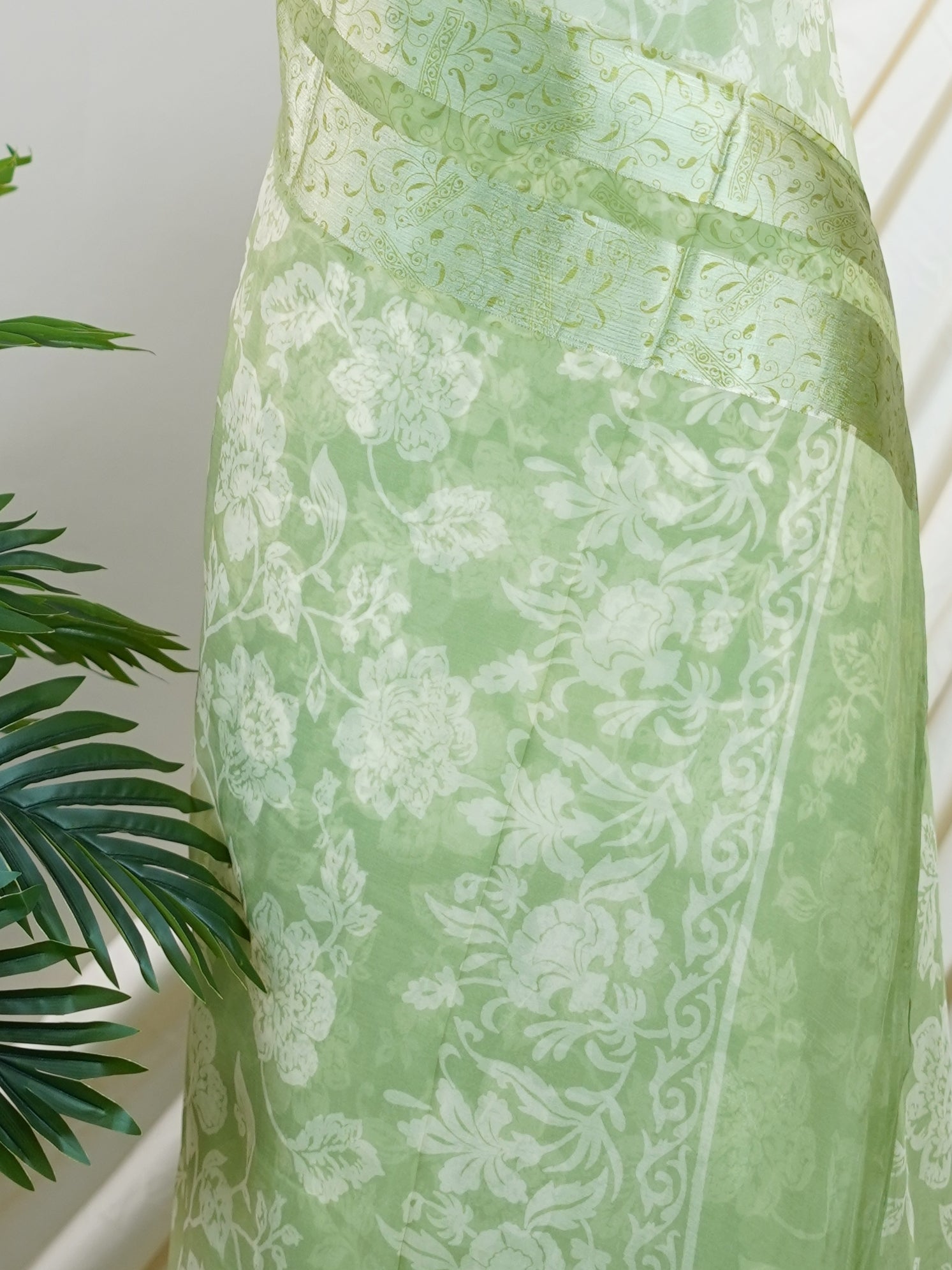 Satin Pista Green Chiffon  - Manoranjitham Weaves - Handloom Store