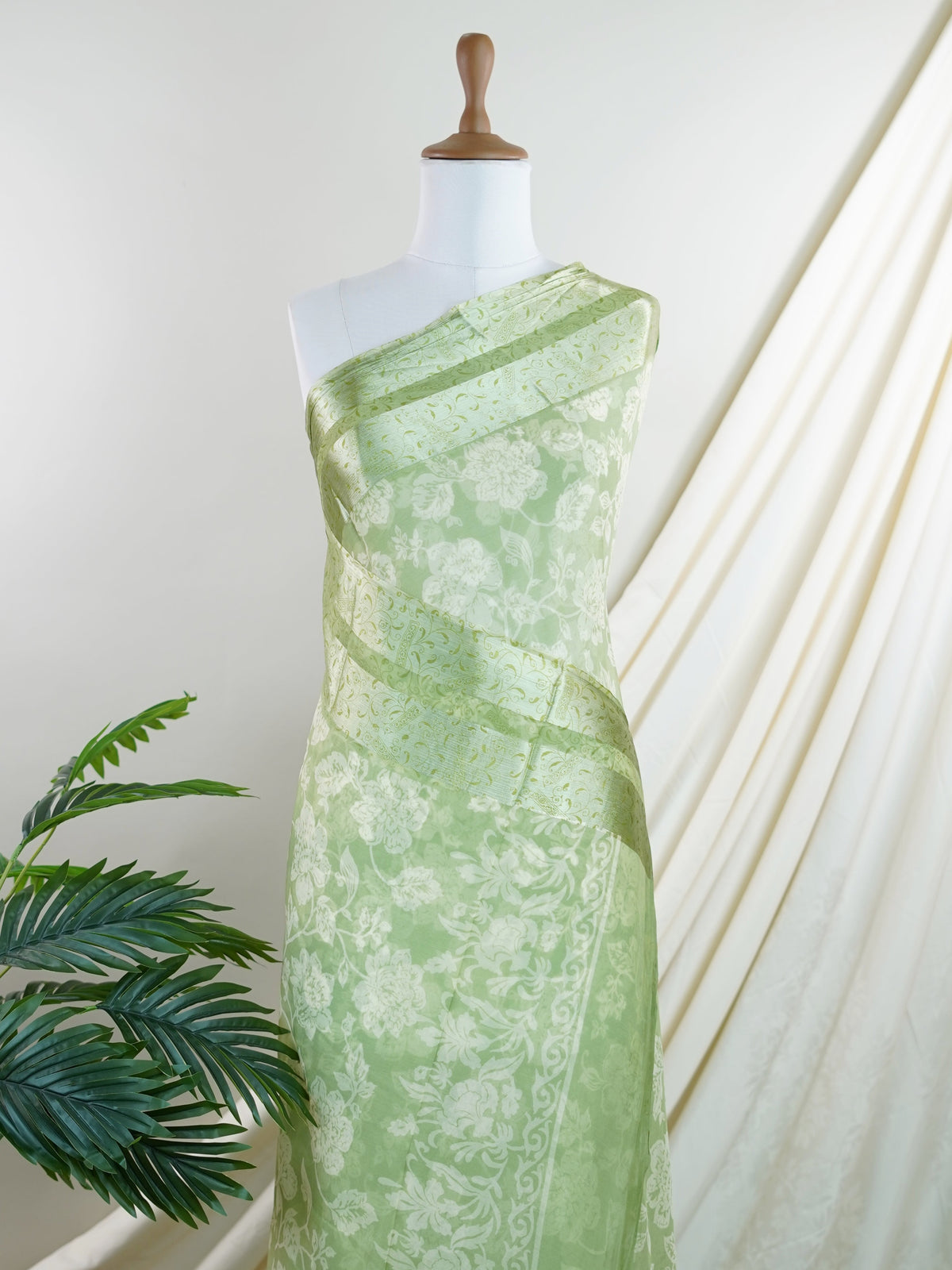 Satin Pista Green Chiffon  - Manoranjitham Weaves - Handloom Store