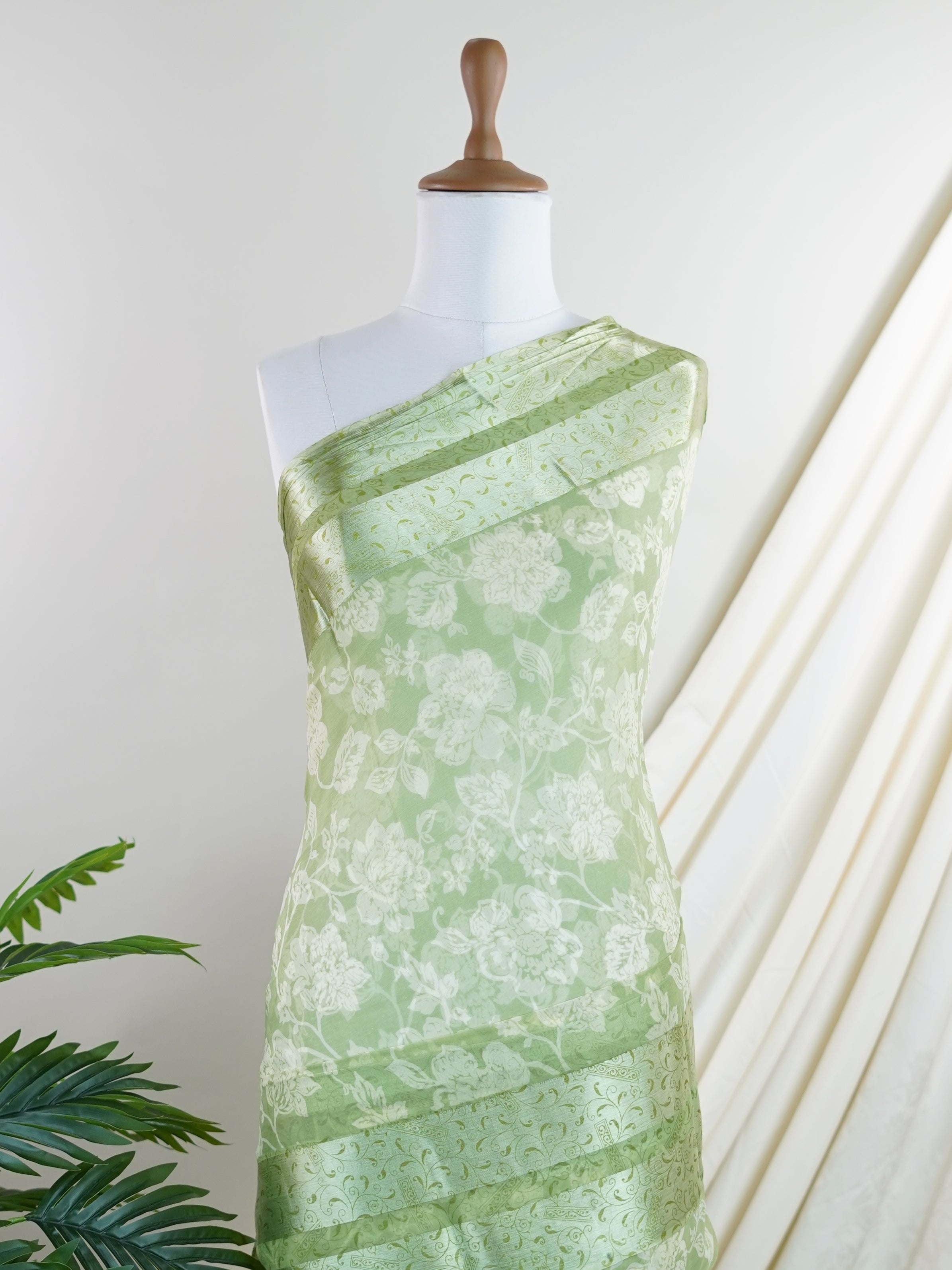 Satin Pista Green Chiffon  - Manoranjitham Weaves - Handloom Store