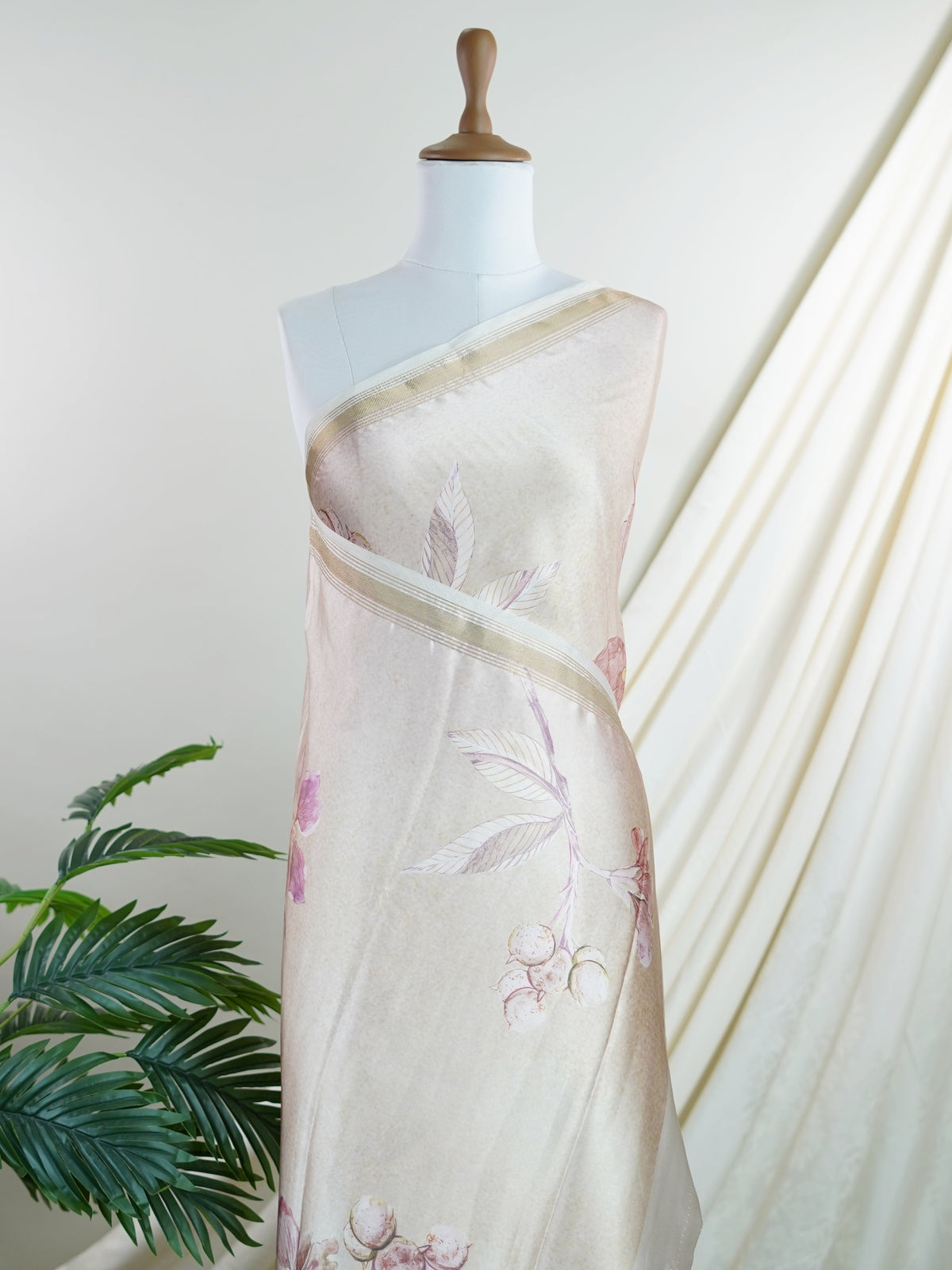 Mushru Beige Semi Mushru - Manoranjitham Weaves - Handloom Store