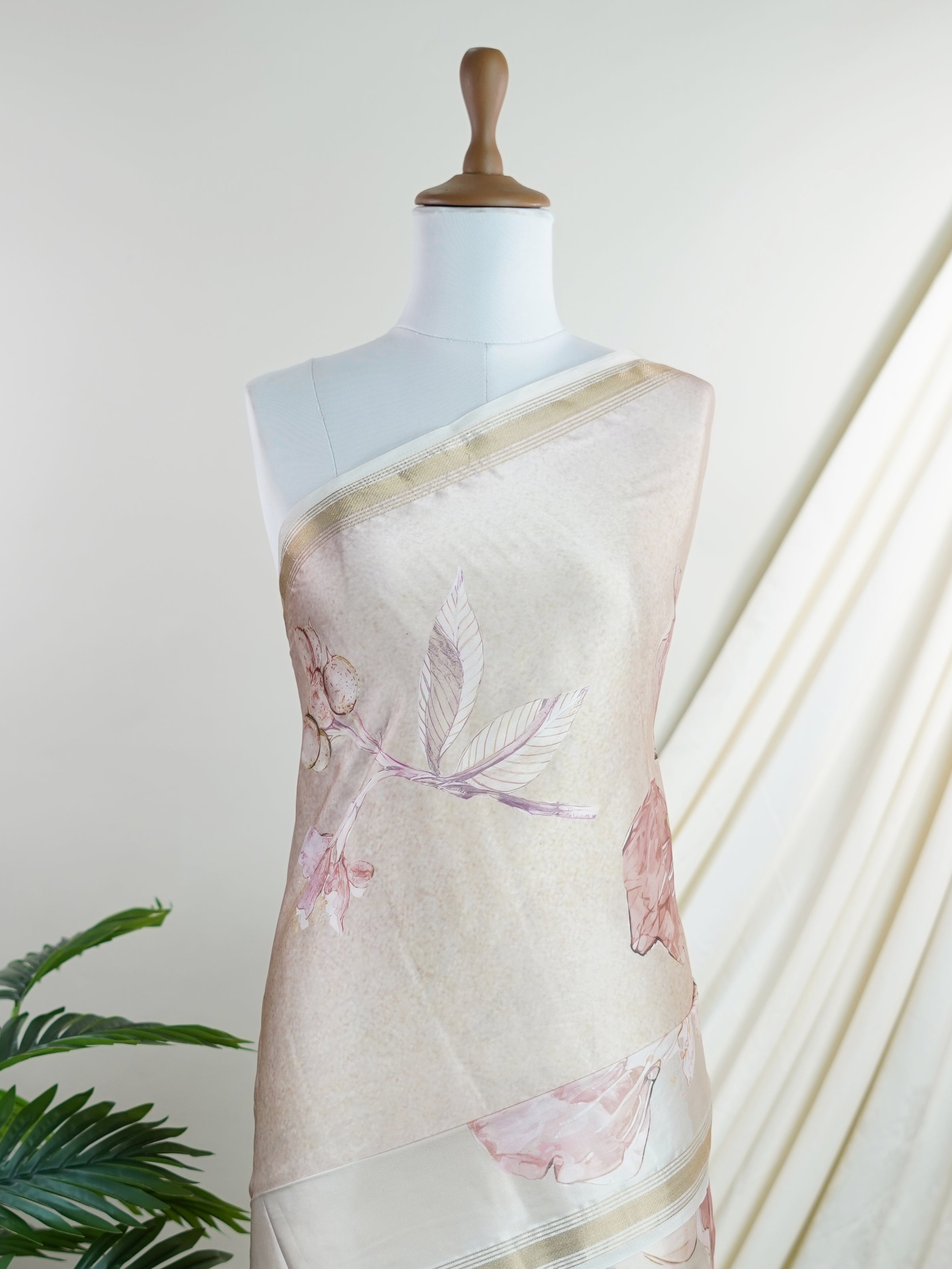 Mushru Beige Semi Mushru - Manoranjitham Weaves - Handloom Store