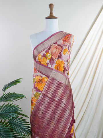 Mushru A bold fusion of purple and orange, softened with delicate floral digital prints.
This silk cotton saree from Varanasi is light, graceful, and full of personality.
Perfect for festive brunches, cultural gatherings, or creative celebrations.
#SilkCottonStyle #FloralPrintSaree #VaranasiVibrance

 Madhavi - Manoranjitham Weaves - Handloom Store