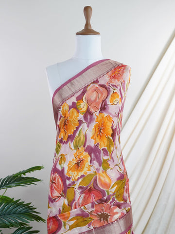 Mushru A bold fusion of purple and orange, softened with delicate floral digital prints.
This silk cotton saree from Varanasi is light, graceful, and full of personality.
Perfect for festive brunches, cultural gatherings, or creative celebrations.
#SilkCottonStyle #FloralPrintSaree #VaranasiVibrance

 Madhavi - Manoranjitham Weaves - Handloom Store