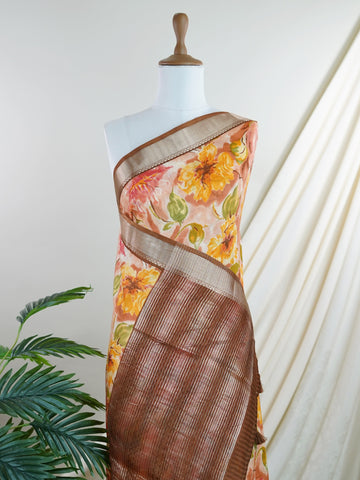 Mushru A vibrant blend of orange and pink on silk cotton, blooming with floral digital prints.
Woven in Varanasi, it balances softness with a gentle sheen for all-day wear.
Bright, breezy, and full of joy — perfect for summer soirees or casual festivities.
#SilkCottonSaree #FloralPrints #VaranasiVibes Kamala - Manoranjitham Weaves - Handloom Store