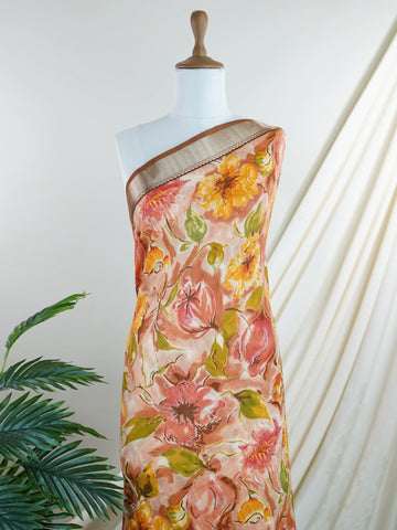 Mushru A vibrant blend of orange and pink on silk cotton, blooming with floral digital prints.
Woven in Varanasi, it balances softness with a gentle sheen for all-day wear.
Bright, breezy, and full of joy — perfect for summer soirees or casual festivities.
#SilkCottonSaree #FloralPrints #VaranasiVibes Kamala - Manoranjitham Weaves - Handloom Store