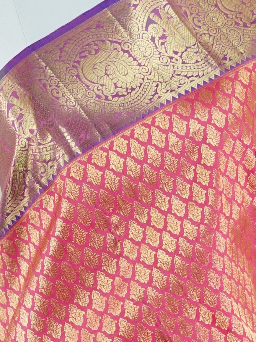 Kanchipuram Silk Hot Pink 100% Pure Silk  - Manoranjitham Weaves - Handloom Store