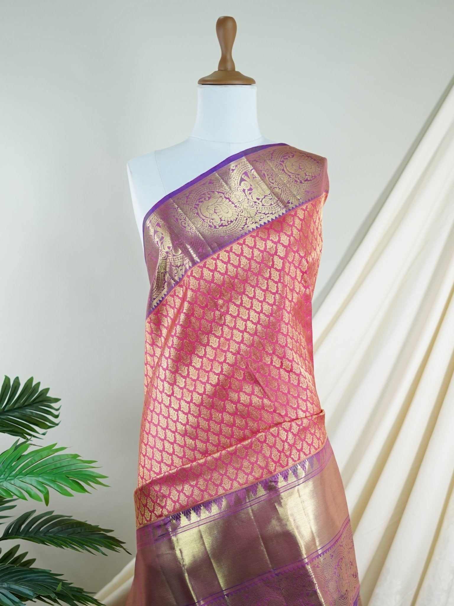 Kanchipuram Silk Hot Pink 100% Pure Silk  - Manoranjitham Weaves - Handloom Store