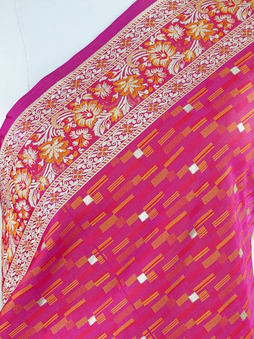 Katan In shades of pink upon pink, this semi Katan silk saree from Varanasi is adorned with striking geometric motifs. The structured weave pairs beautifully with the softness of silk, creating a look that is both bold and refined. A perfect blend of tradition and modern design.br
#SemiKatanSilk #GeometricElegance #PinkSareeLove #VaranasiWeaves #HandloomSaree #ModernTradition #SilkStories #Manoranjitham Bhargavi - Semi Silk Saree | Nan Zari Work | Handwoven - Manoranjitham Weaves - Handloom Store