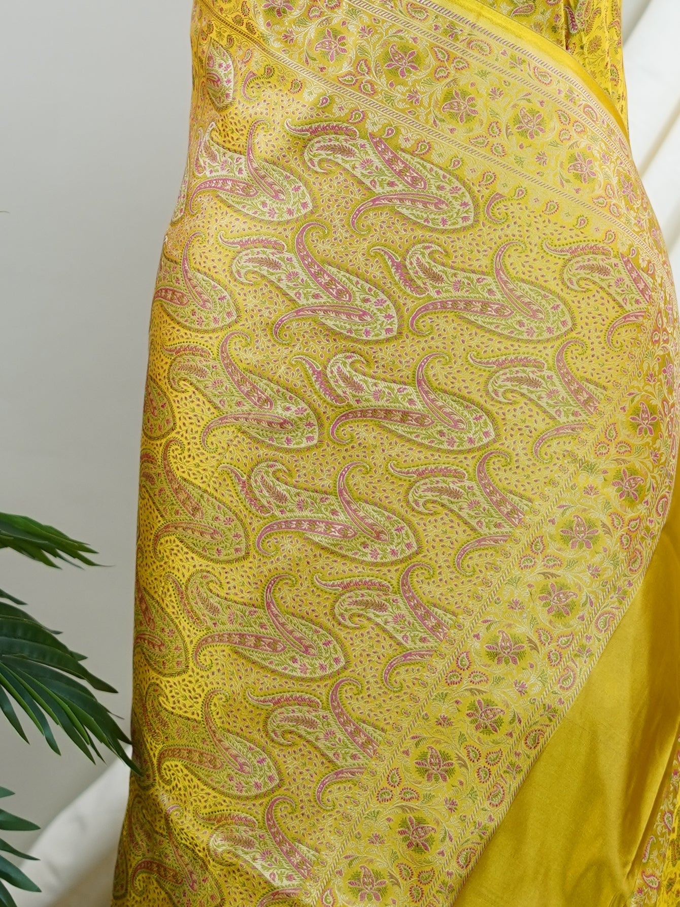 Katan Yellow Semi Mushru - Manoranjitham Weaves - Handloom Store