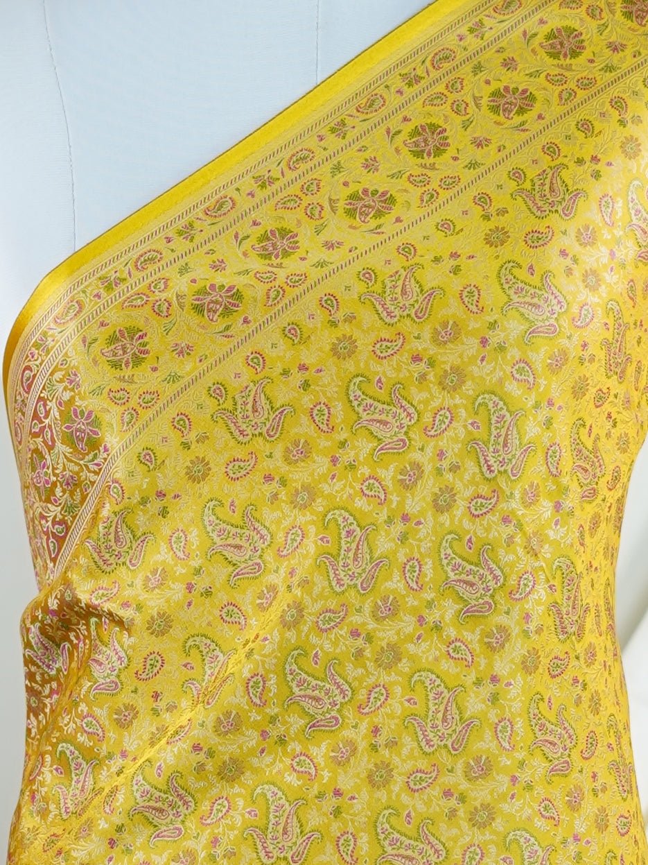 Katan Yellow Semi Mushru - Manoranjitham Weaves - Handloom Store