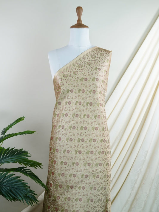 Katan Beige Semi Mushru - Manoranjitham Weaves - Handloom Store