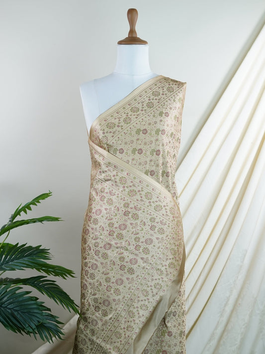 Katan Beige Semi Mushru - Manoranjitham Weaves - Handloom Store