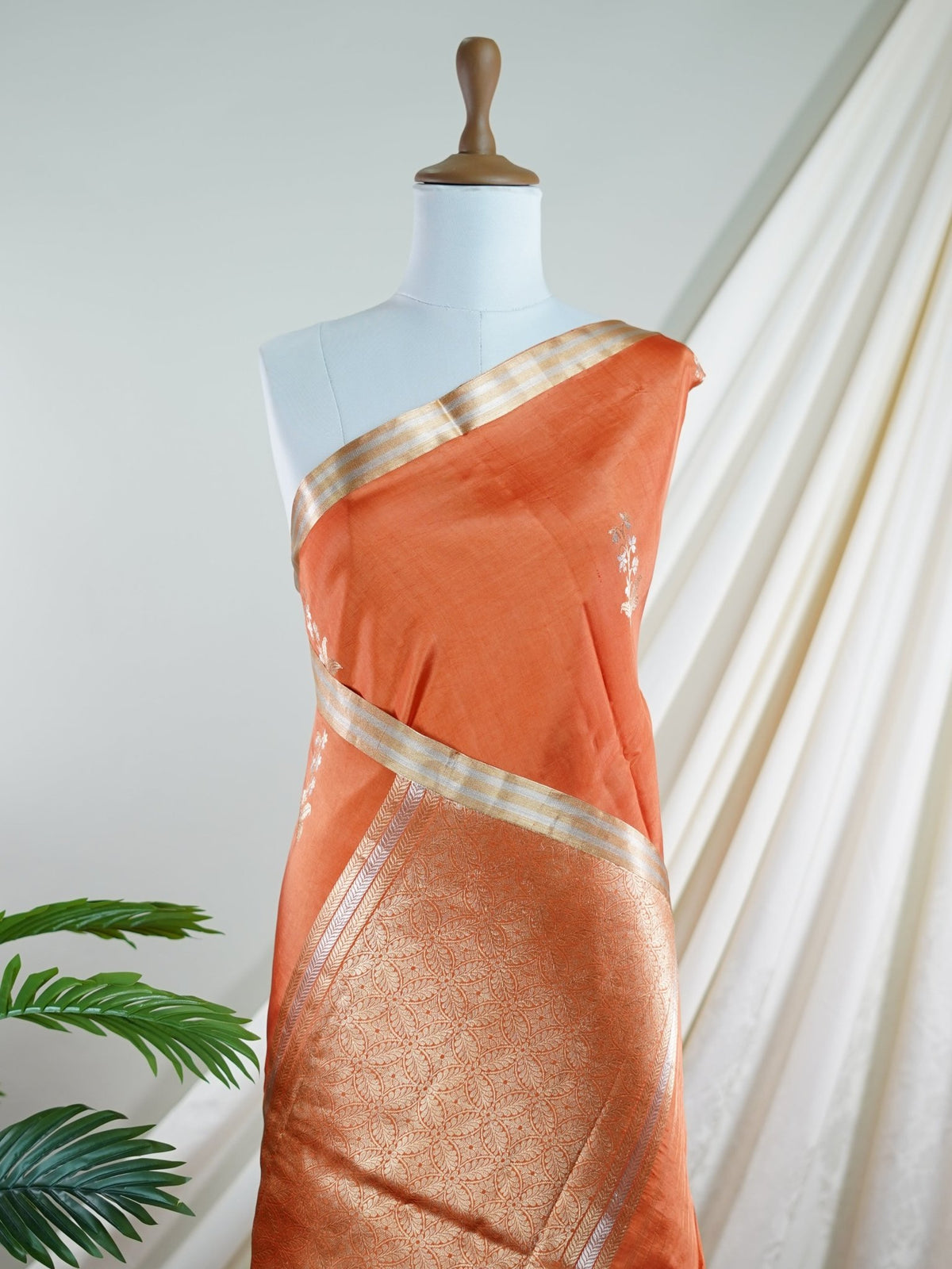 Katan Orange 100% Pure Katan Soft Silk - Manoranjitham Weaves - Handloom Store