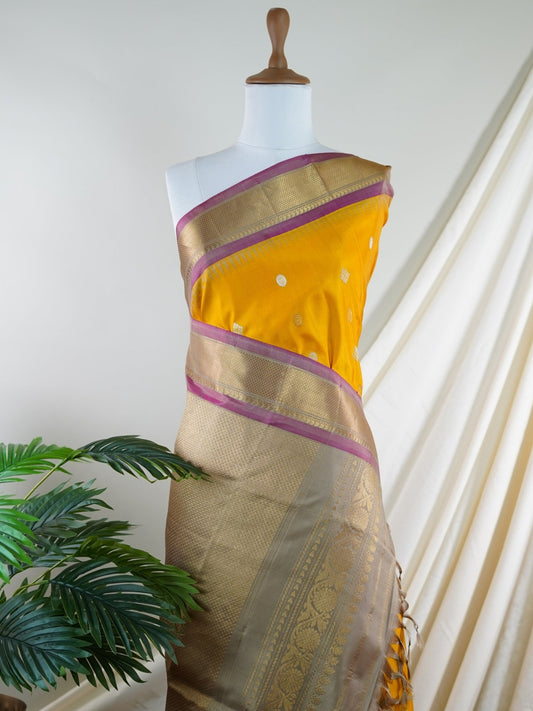 Gadwal Silk Yellow 100% Pure Silk  - Manoranjitham Weaves - Handloom Store