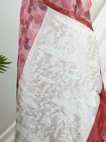 Katan This Semi Silk saree in soft cream blends delicate embroidery with digital print for a graceful finish. With no zari, its beauty lies in subtle textures and intricate detailing. Woven in Varanasi, it offers comfort with a refined aesthetic. A perfect pick for understated elegance. #SemiSilk #CreamElegance #EmbroideryDetails #VaranasiWeaves #ManoranjithamSarees Semi Tussar - Semi Silk Saree | Digital Print - Manoranjitham Weaves - Handloom Store