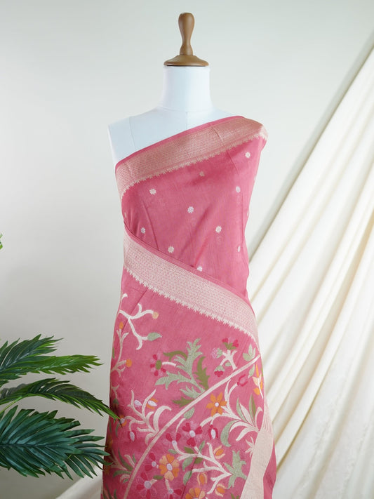 Georgette Pink Tussar Georgette - Manoranjitham Weaves - Handloom Store
