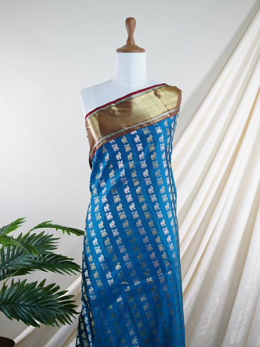Kanchipuram Silk Blue 100% Pure Silk  - Manoranjitham Weaves - Handloom Store