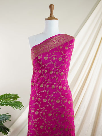 Crepe Woven in the heritage looms of Varanasi, this 100% pure crepe saree comes alive in pink with an all-over gold jaal. The intricate pattern glows softly on the fluid drape, offering a rich yet graceful silhouette. A perfect pick for festive gatherings and timeless celebrations.br
#VaranasiCrepe #GoldJaalSaree #PinkElegance #HandloomHeritage #FestiveDrapes Gorakh Kalyan - Pink Pure Banarasi Silk Saree | Full Jaal Zari - Manoranjitham Weaves - Handloom Store