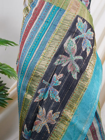 Tussars 
A Kota saree with digital print and delicate hand embroidered knot work, blending contemporary design with traditional craftsmanship Gorakh Kalyana     - Manoranjitham Weaves - Handloom Store