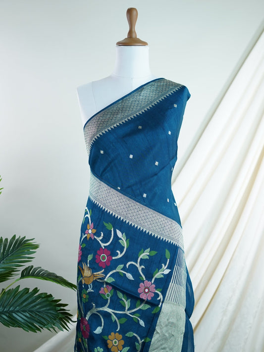 Georgette Peacock Blue Tussar Georgette - Manoranjitham Weaves - Handloom Store