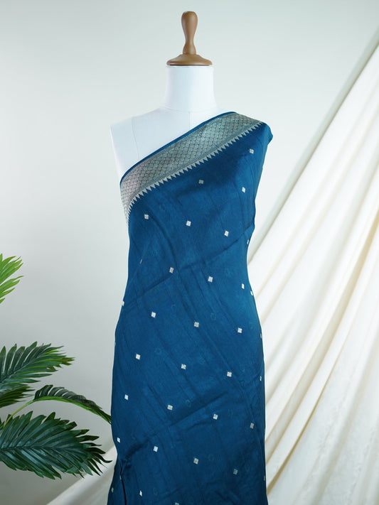 Georgette Peacock Blue Tussar Georgette - Manoranjitham Weaves - Handloom Store