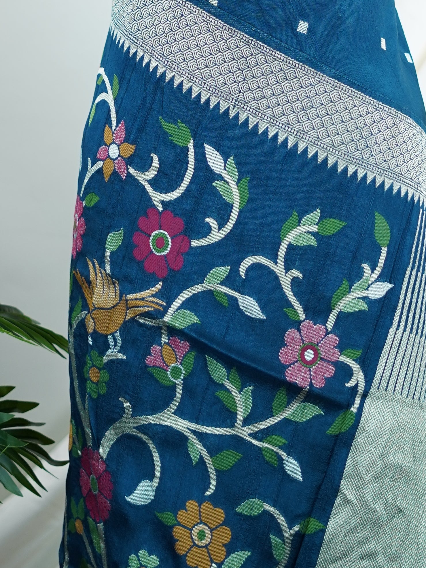 Georgette Peacock Blue Tussar Georgette - Manoranjitham Weaves - Handloom Store