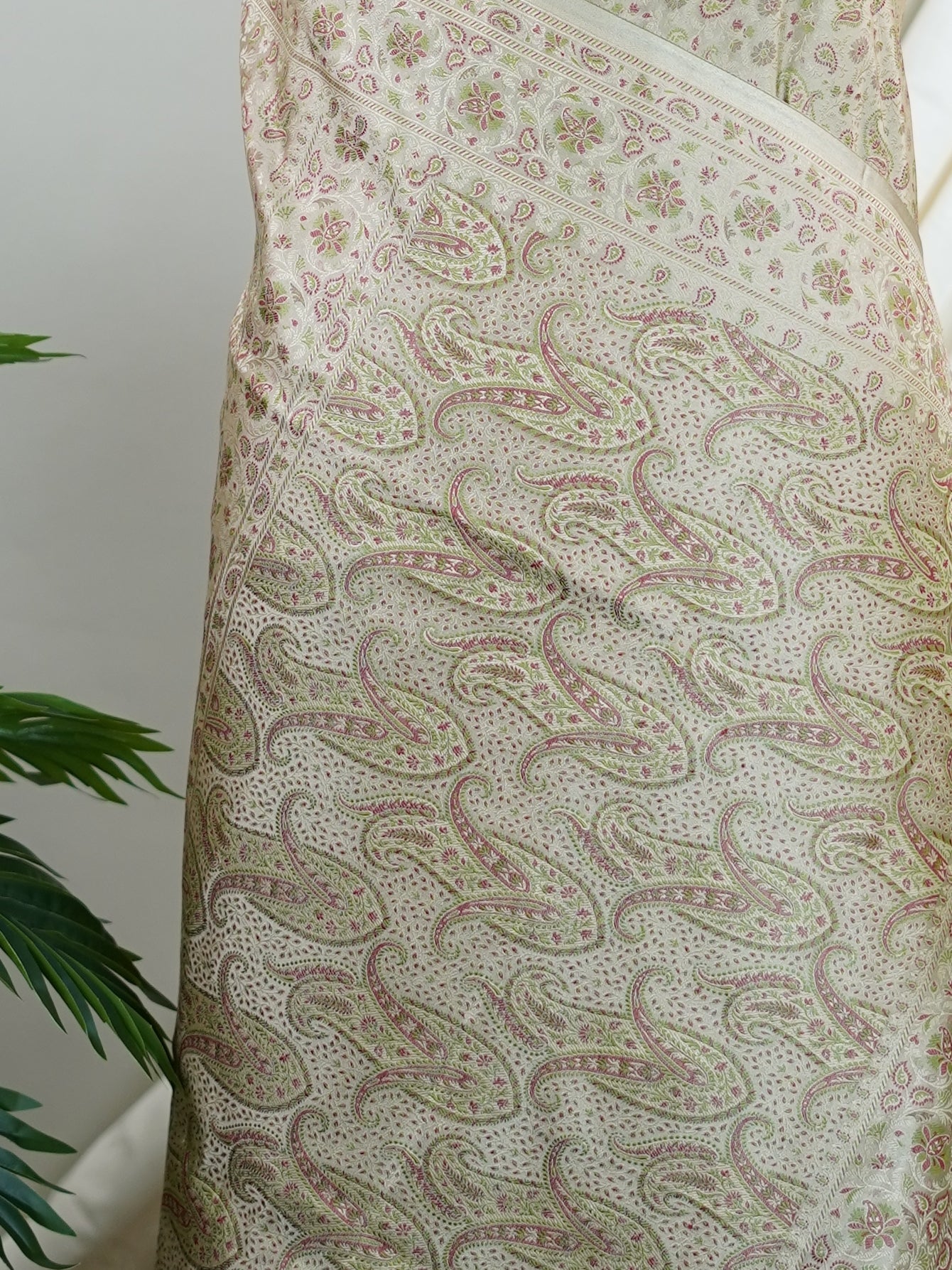 Katan Beige Semi Mushru - Manoranjitham Weaves - Handloom Store