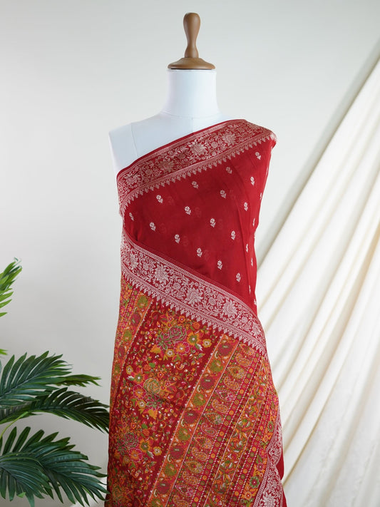 Georgette Red Tussar Georgette - Manoranjitham Weaves - Handloom Store
