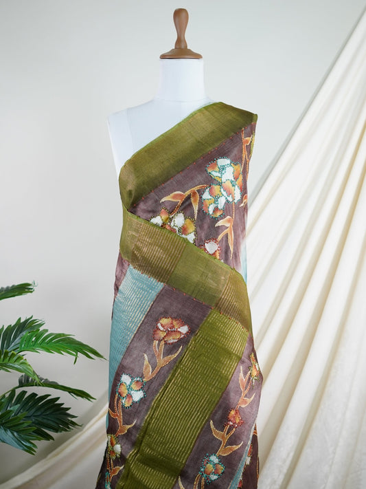 Tussars Mocha 100% Pure Tussar - Manoranjitham Weaves - Handloom Store