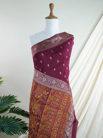 Georgette This Tussar Georgette saree from Varanasi brings together the textured richness of tussar silk with the fluid grace of georgette. Woven on a powerloom, it drapes light and airy, perfect for effortless elegance. Ideal for both day events and evening gatherings, it reflects quiet sophistication with a modern twist on tradition. Kalyani - Georgette Saree | Handwoven | Varanasi - Manoranjitham Weaves - Handloom Store