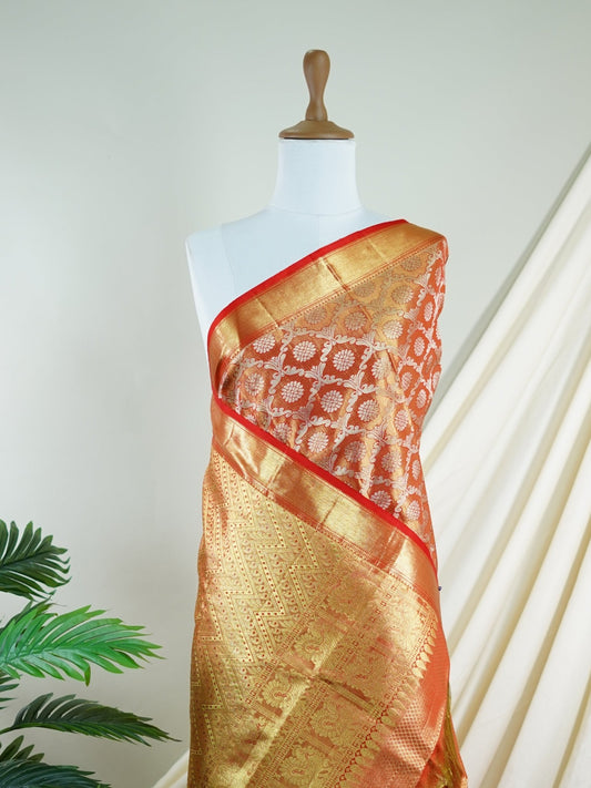 Kanchipuram Silk Peach Red 100% Pure Silk  - Manoranjitham Weaves - Handloom Store