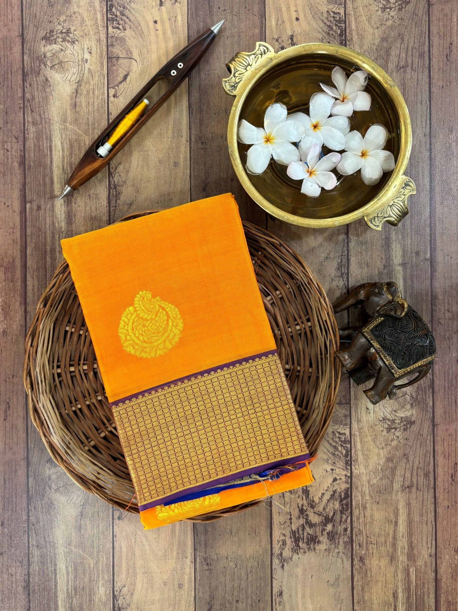 Kanchipuram Silk Orange  100% Pure Silk  - Manoranjitham Weaves - Handloom Store
