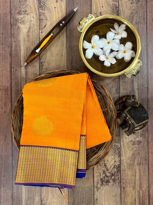 Kanchipuram Silk Orange  100% Pure Silk  - Manoranjitham Weaves - Handloom Store