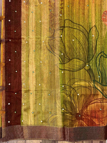 Tussars This Semi Tussar silk saree, adorned in Green and detailed with Semi Pure Zari weaving, reflects the grandeur of Rajasthan. The timeless Mirror Work motifs enhance its bridal charm. A perfect blend of luxury and tradition, it is designed for those who appreciate fine craftsmanship. Kaunsi Kanada - Art Silk saree - Manoranjitham Weaves - Handloom Store