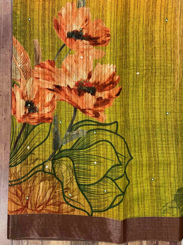 Tussars This Semi Tussar silk saree, adorned in Green and detailed with Semi Pure Zari weaving, reflects the grandeur of Rajasthan. The timeless Mirror Work motifs enhance its bridal charm. A perfect blend of luxury and tradition, it is designed for those who appreciate fine craftsmanship. Kaunsi Kanada - Art Silk saree - Manoranjitham Weaves - Handloom Store