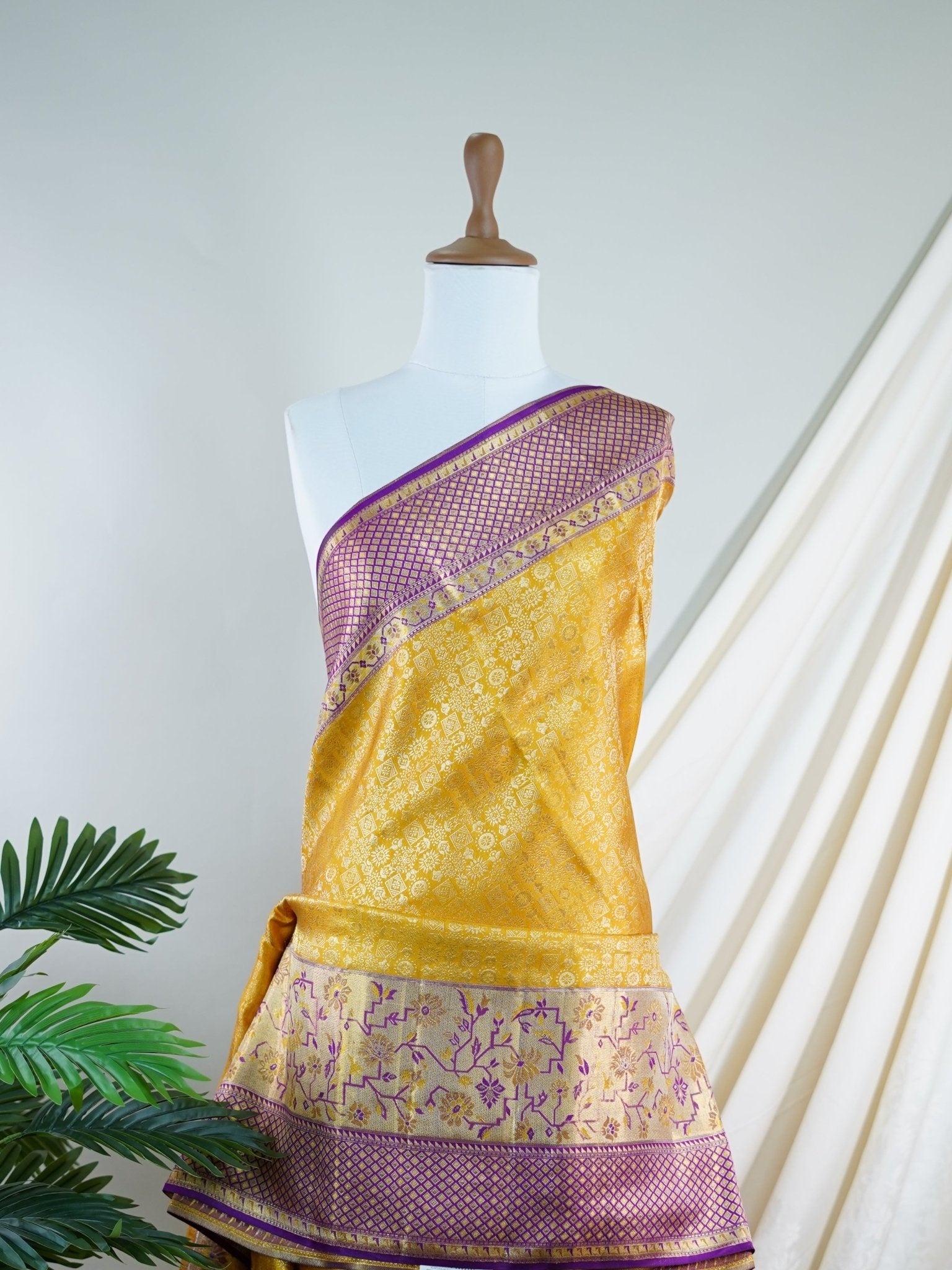 Kanchipuram Silk Yellow  100% Pure Silk  - Manoranjitham Weaves - Handloom Store