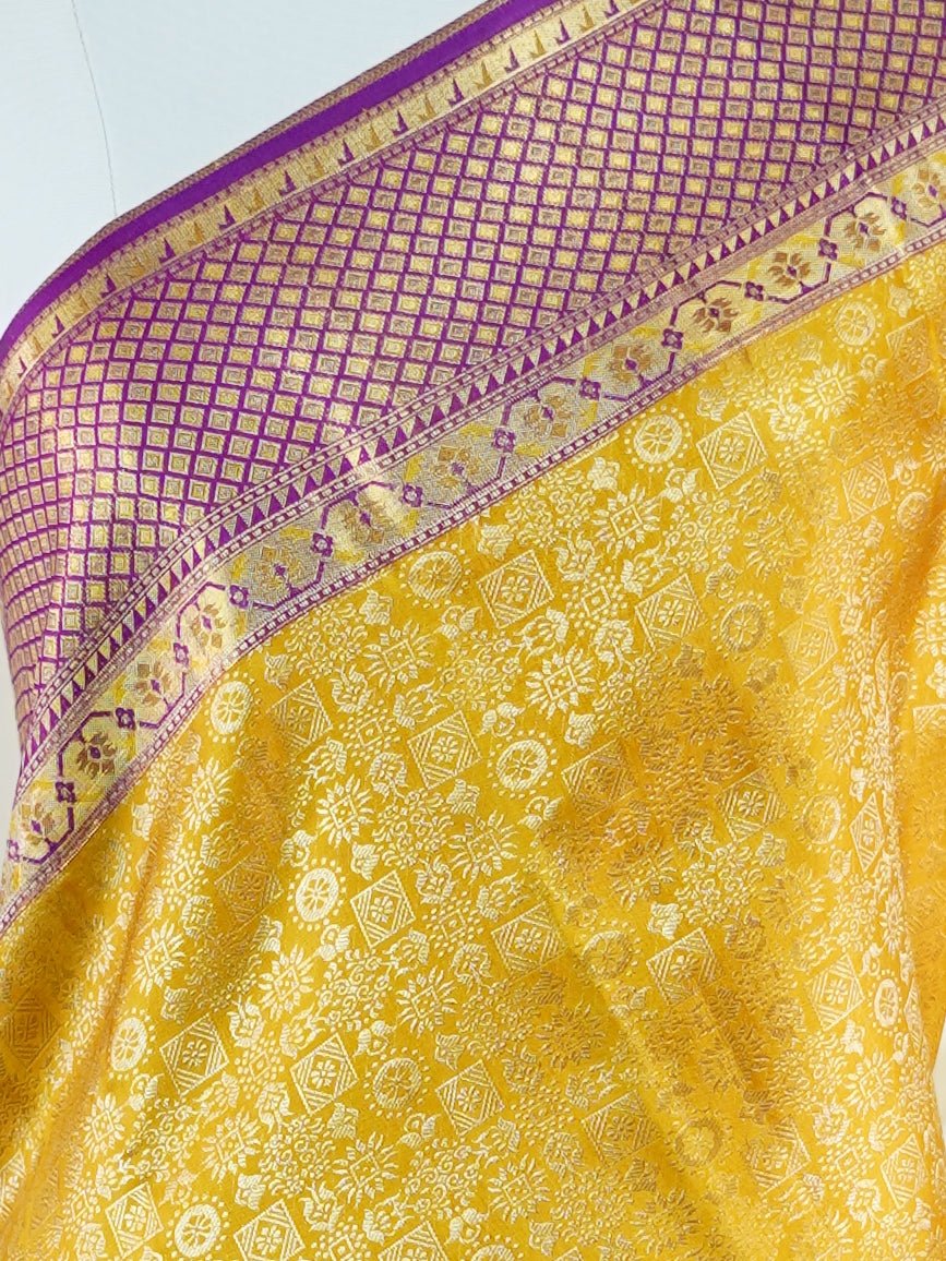 Kanchipuram Silk Yellow  100% Pure Silk  - Manoranjitham Weaves - Handloom Store