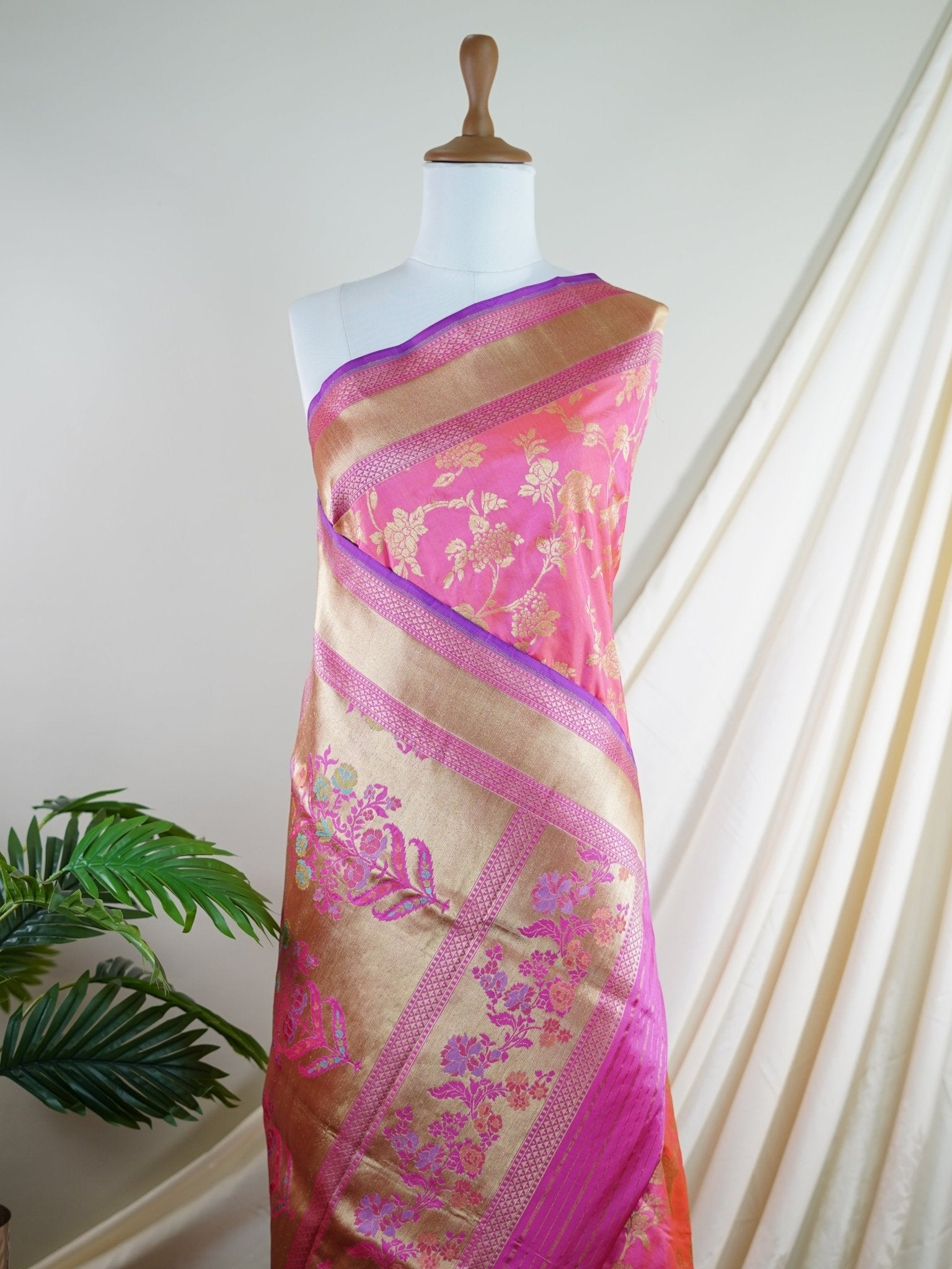 Katan Hot Pink 100% Pure Katan Silk - Manoranjitham Weaves - Handloom Store