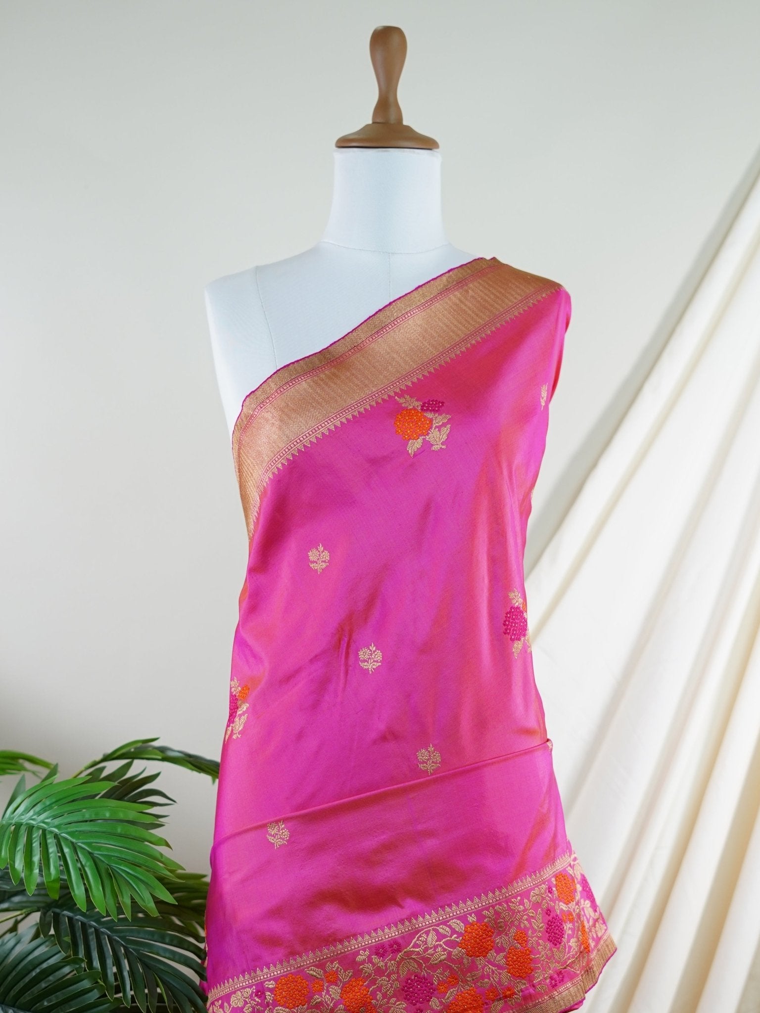 Katan Hot Pink 100% Pure Katan Silk - Manoranjitham Weaves - Handloom Store