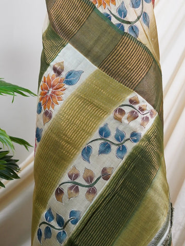 Tussars A Tussar saree with digital print and intricate Aari Peeta embroidery, combining modern design with delicate handcraft. Lalita - Manoranjitham Weaves - Handloom Store