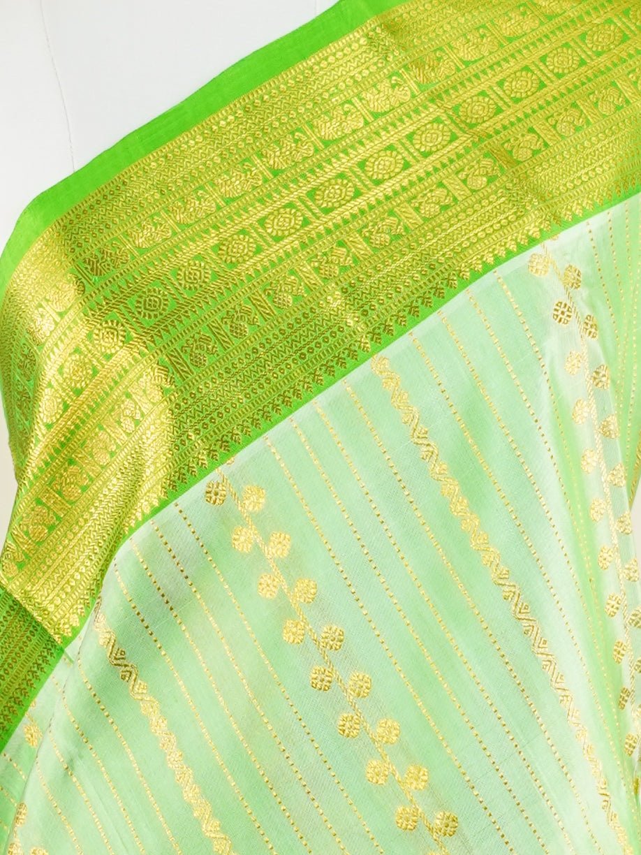 Venkatagiri Silk Creamish Green 100% Pure Silk  - Manoranjitham Weaves - Handloom Store