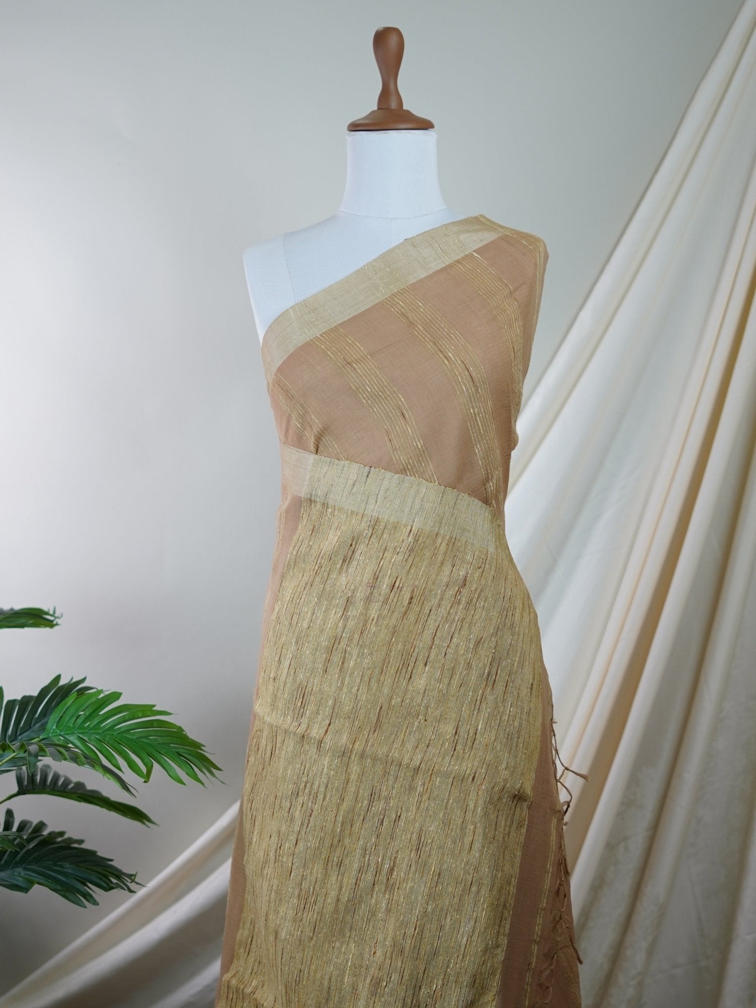 Handspun Cotton Tan Cream Handpsun Cotton - Manoranjitham Weaves - Handloom Store
