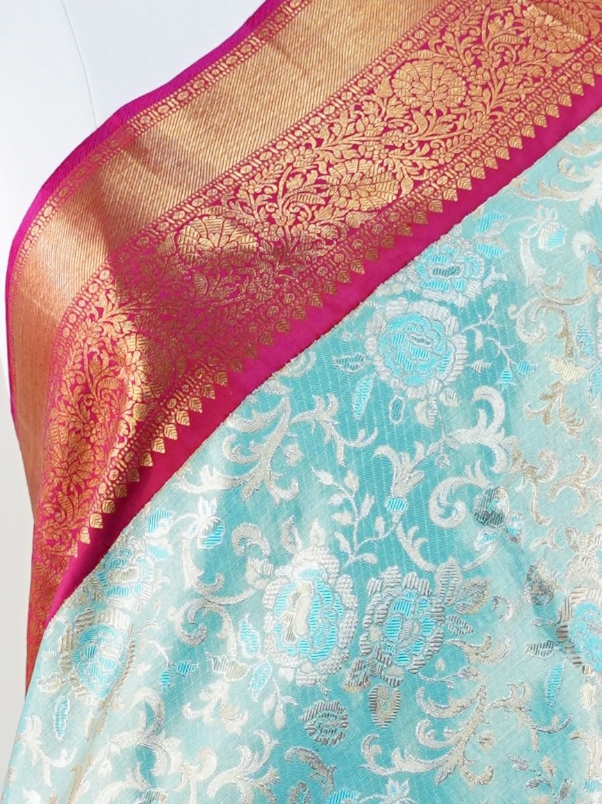 Kanchipuram Silk Aqua Green 100% Pure Silk  - Manoranjitham Weaves - Handloom Store