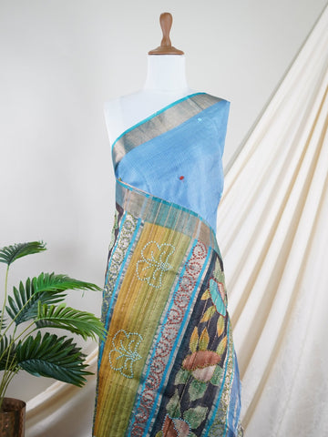 Tussars 
A Kota saree with digital print and delicate hand embroidered knot work, blending contemporary design with traditional craftsmanship Malkaunsa     - Manoranjitham Weaves - Handloom Store