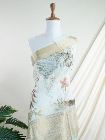 Organza Handwoven by skilled artisans of Karnataka, this 100% Pure Silk  saree in Powder Cyan blends traditional elegance with intricate nan zari work. A truly stunning drape for special occasions. The interplay of colors and craftsmanship makes it a treasured piece for every saree connoisseur. Marwa - Manoranjitham Weaves - Handloom Store