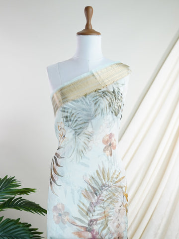 Organza Handwoven by skilled artisans of Karnataka, this 100% Pure Silk  saree in Powder Cyan blends traditional elegance with intricate nan zari work. A truly stunning drape for special occasions. The interplay of colors and craftsmanship makes it a treasured piece for every saree connoisseur. Marwa - Manoranjitham Weaves - Handloom Store