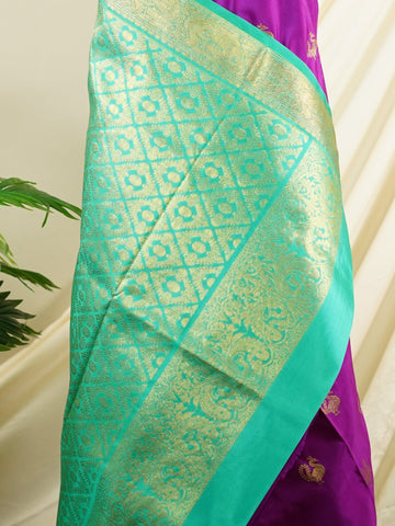 Venkatagiri Silk A masterpiece from Venkatagiri, this 100% Pure Silk  saree in Magenta is a tribute to India's rich handloom legacy. The Pure Zari weaving and Buttis motifs make it a perfect choice for brides and celebrations. Every thread speaks of elegance, tradition, and the skilled hands that bring this saree to life. Miyan Malhara     - Manoranjitham Weaves - Handloom Store